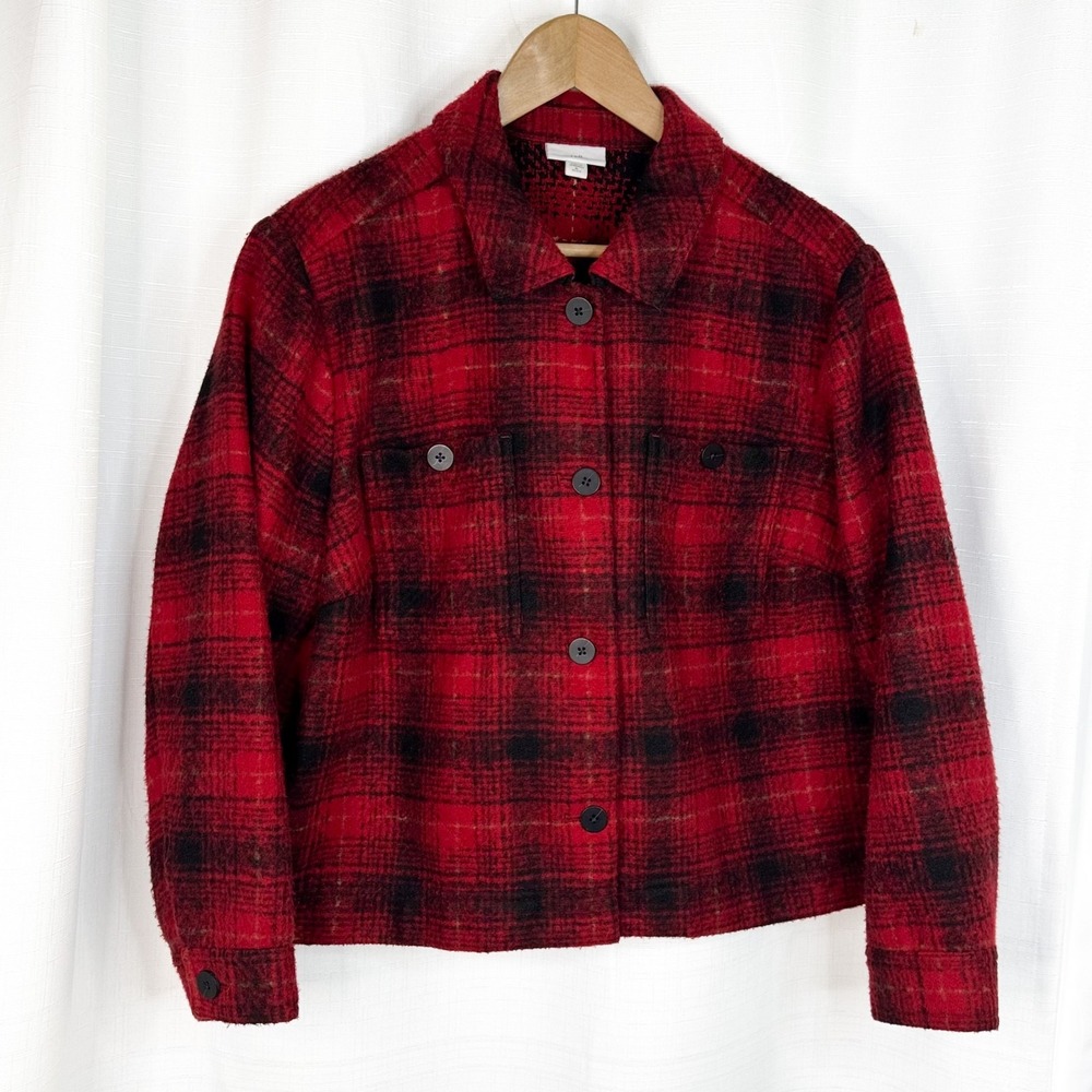 J Jill XL Petite Red Black Plaid Heavy Flannel Shacket Jacket Cabincore Gorpcore
